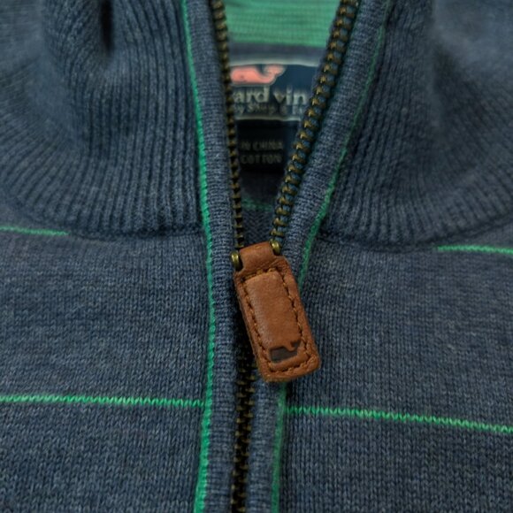 Vineyard Vines Blue Green Striped 1/4 Zip Cotton Whale Logo Sweater Men's Sz XL - Picture 5 of 11